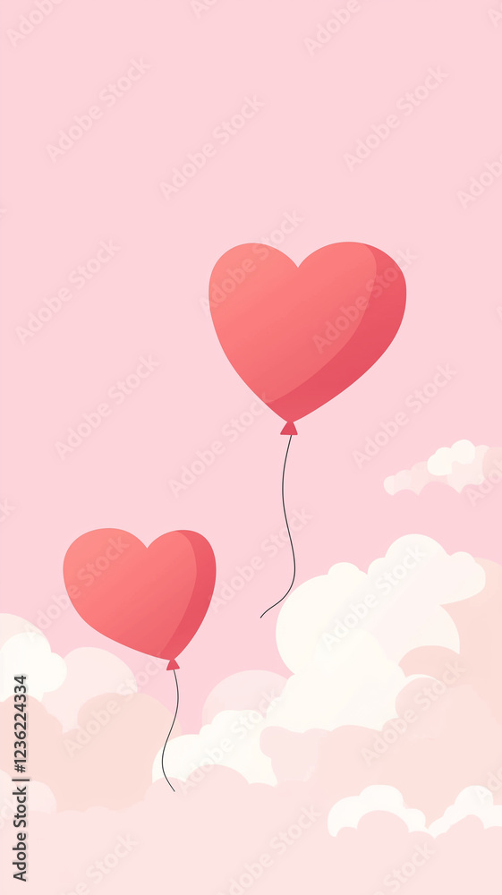 Floating heart shaped balloons in pink sky with clouds create whimsical atmosphere Floating heart shaped balloons in pink sky with clouds create whimsical atmosphere