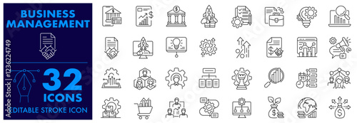Business Project or Organisation management Icons Business Process, Planning, Strategy, Startup, Accounting, Management, Business Investment and more Editable Stroke Icons set.