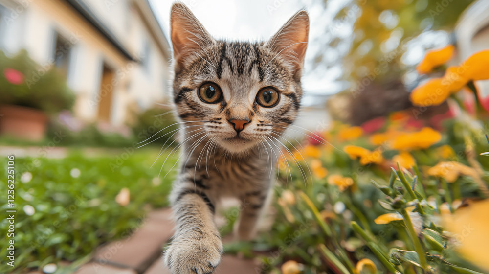 Close-up of a cat walking among grass and flowers Close-up of a cat walking among grass and flowers