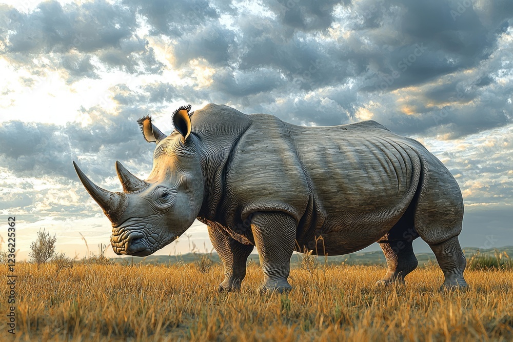 Fototapeta premium White Rhinoceros Grazing in African Savanna Sunset
