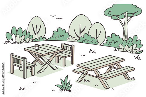 utdoor furniture set, wooden tables and chairs, garden benches, picnic tables, rustic design, natural wood tones, green bushes and trees, minimalist illustration style, flat color palette, isolated el
