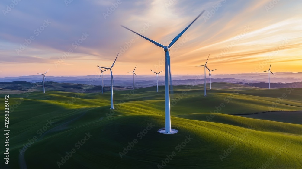Obraz premium Wind turbines in a green landscape during sunset, showcasing renewable energy and sustainable technology for future power generation and environmental conservation.