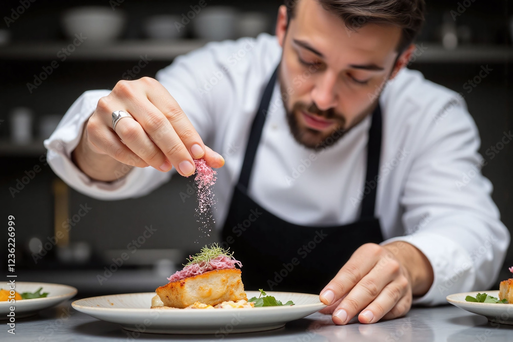 chef in professional kitchen plating fish dish garnishing food chef in professional kitchen plating fish dish garnishing food