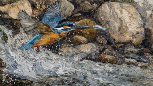Kingfisher in Action: Diving for Prey in a Rocky Stream