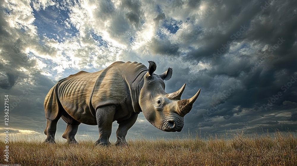 Fototapeta premium Majestic Rhino Stands in Serene Grassland Under Dramatic Sky