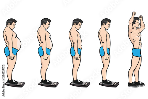 Weight Loss Transformation Stages - Fat to Fit Progression, Fitness and Body Evolution Vector Illustration