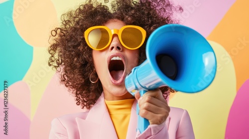 Woman shouting into megaphone while wearing bright sunglasses, promoting message or brand with colorful background, expressing energy and enthusiasm in creative advertising.