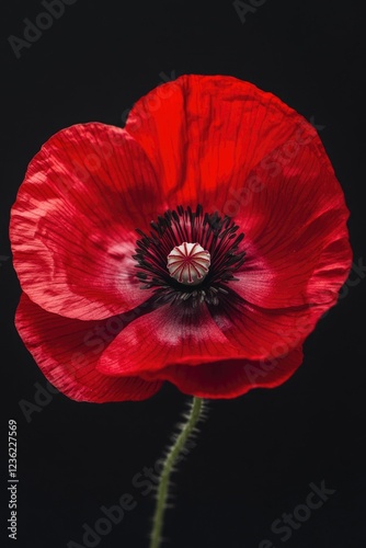 Red poppy flower on black background