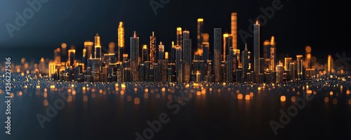 Futuristic and Dramatic Metropolis Skyline Illuminated at Night with Towering Skyscrapers Illuminated High Rise Buildings and Cityscape Reflected on the Water Surface photo