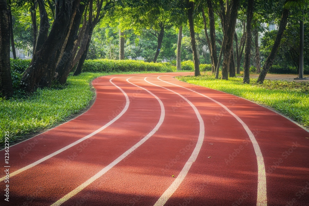 Obraz premium Red running track winding through a lush park under soft sunlight