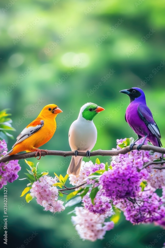 Obraz premium Colorful birds on tree branch