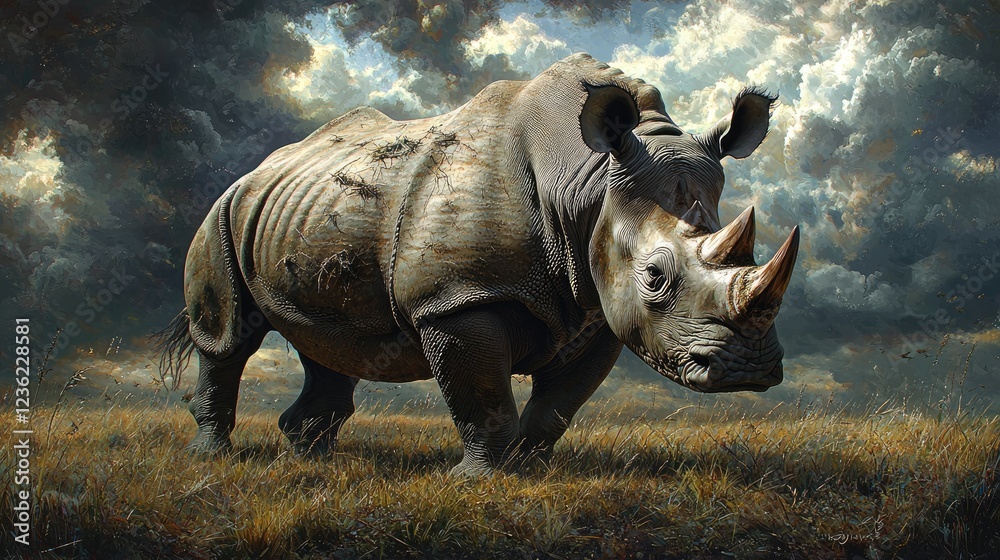 Fototapeta premium Majestic Rhino Stands in Serene Grassland Under Dramatic Sky
