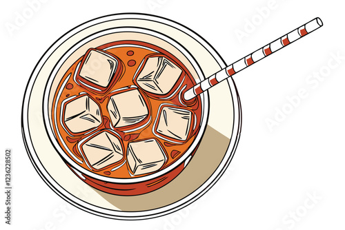 Top-down view, iced tea, glass cup, clear ice cubes, amber liquid, refreshing beverage, circular container, white background, high contrast, reflective surface, cold drink, summer refreshment, detaile