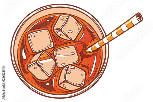 Top-down view, iced tea, glass cup, clear ice cubes, amber liquid, refreshing beverage, circular container, white background, high contrast, reflective surface, cold drink, summer refreshment, detaile