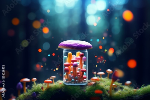 Colorful mushrooms are growing in a glass jar with a purple cap in an enchanted forest at night, creating a magical and whimsical scene photo