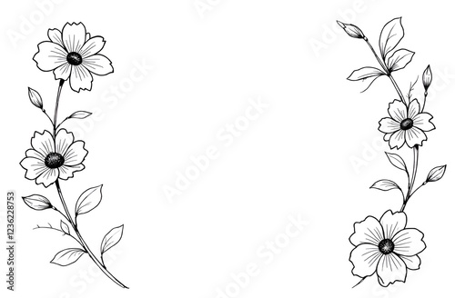 Coloring book, black and white linear drawing. Branches of black and white flowers are located on the sides of the image, forming a frame. The background is white, with free space for text. 