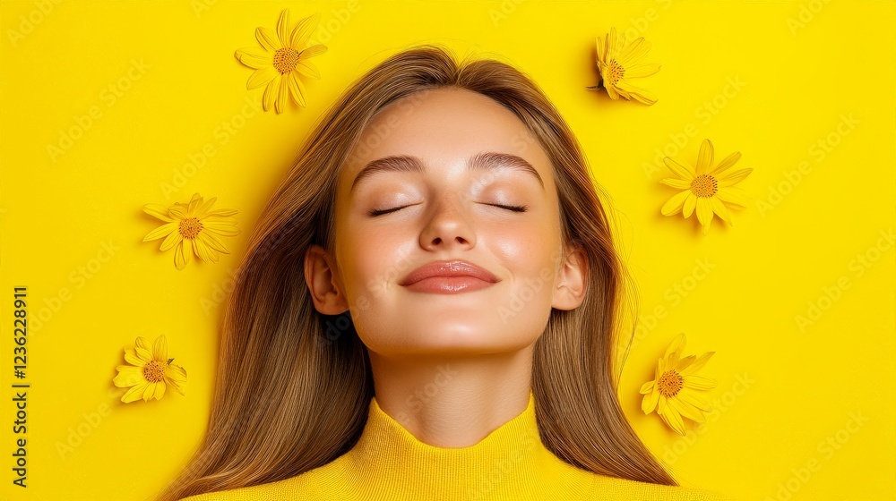 Yellow Serenity: A young woman with long blonde hair relaxes peacefully against a vibrant yellow background, surrounded by cheerful yellow flowers. Her eyes are closed. Yellow Serenity: A young woman with long blonde hair relaxes peacefully against a vibrant yellow background, surrounded by cheerful yellow flowers. Her eyes are closed.