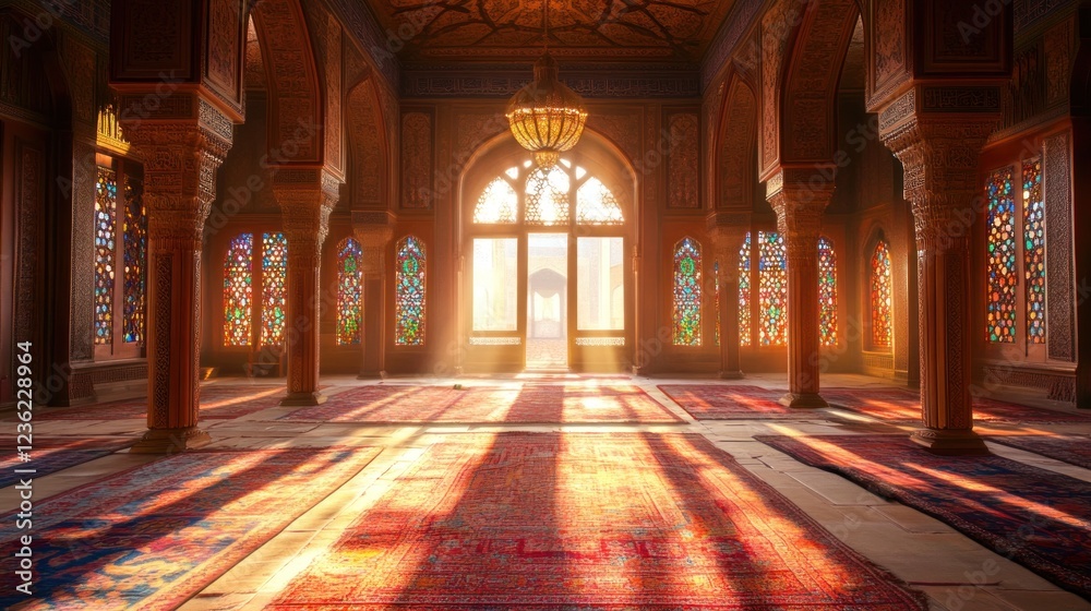 Obraz premium Sunlit Mosque Interior, Prayer Hall, Sunrise, Morocco, Spiritual