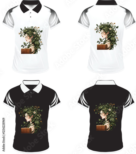 Men's t-shirt in different views with realistic style  and geometric retro traceries on shirts isolated related tags