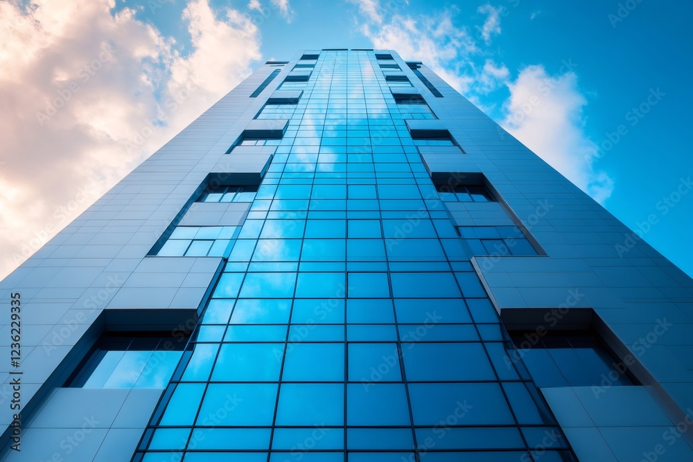 Modern glass skyscraper reflecting blue sky and clouds Modern glass skyscraper reflecting blue sky and clouds