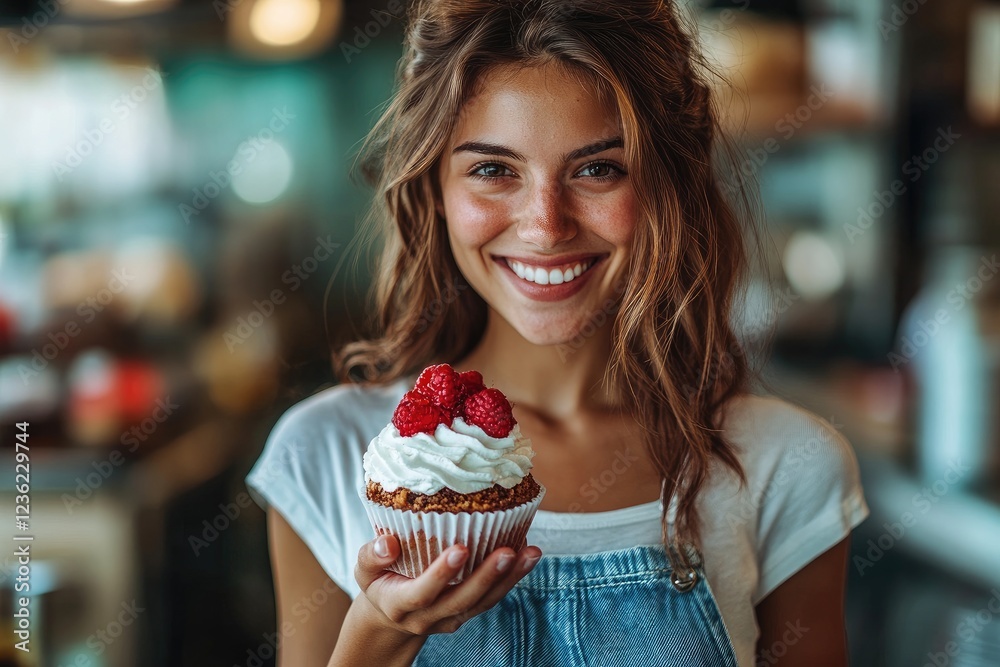 Pastry chef holding delicious cupcake with raspberry and whipped cream Pastry chef holding delicious cupcake with raspberry and whipped cream