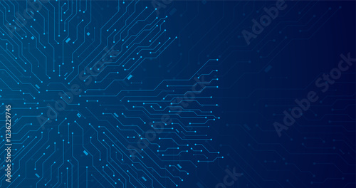 circuit board path connection lines with dots in blue background banner template