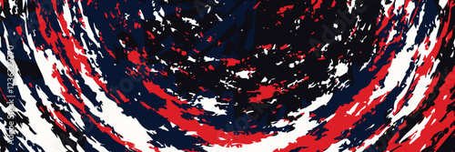 Background design featuring navy blue, white, and red brush strokes.