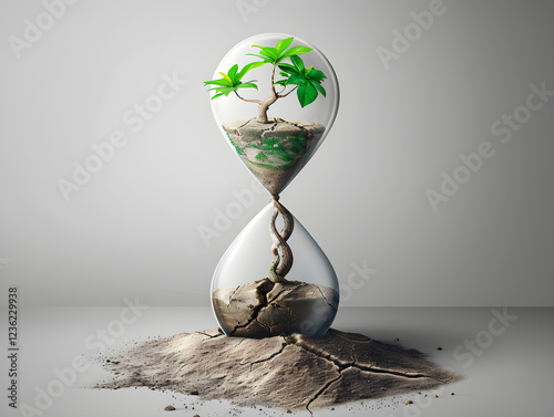 Plant growing in a hourglass symbolizes the need to protect our nature, because the time is running out. Climate change concept