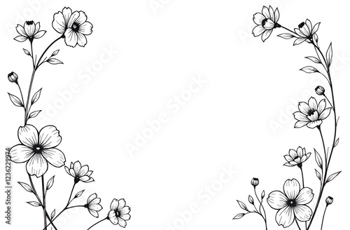 Coloring book, black and white linear drawing. Lush branches of black and white flowers are located on the sides of the image, forming a frame. The background is white, with free space for text.