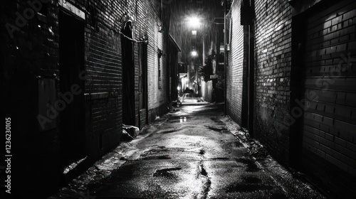 Dark, wet alleyway at night; urban grit, mystery, film noir