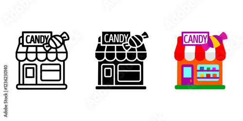 Candy shop icon. Sweets store with lollipop sign. Confectionery market with treats symbol. Dessert building facade pictogram. Cartoon caramel shop illustration.