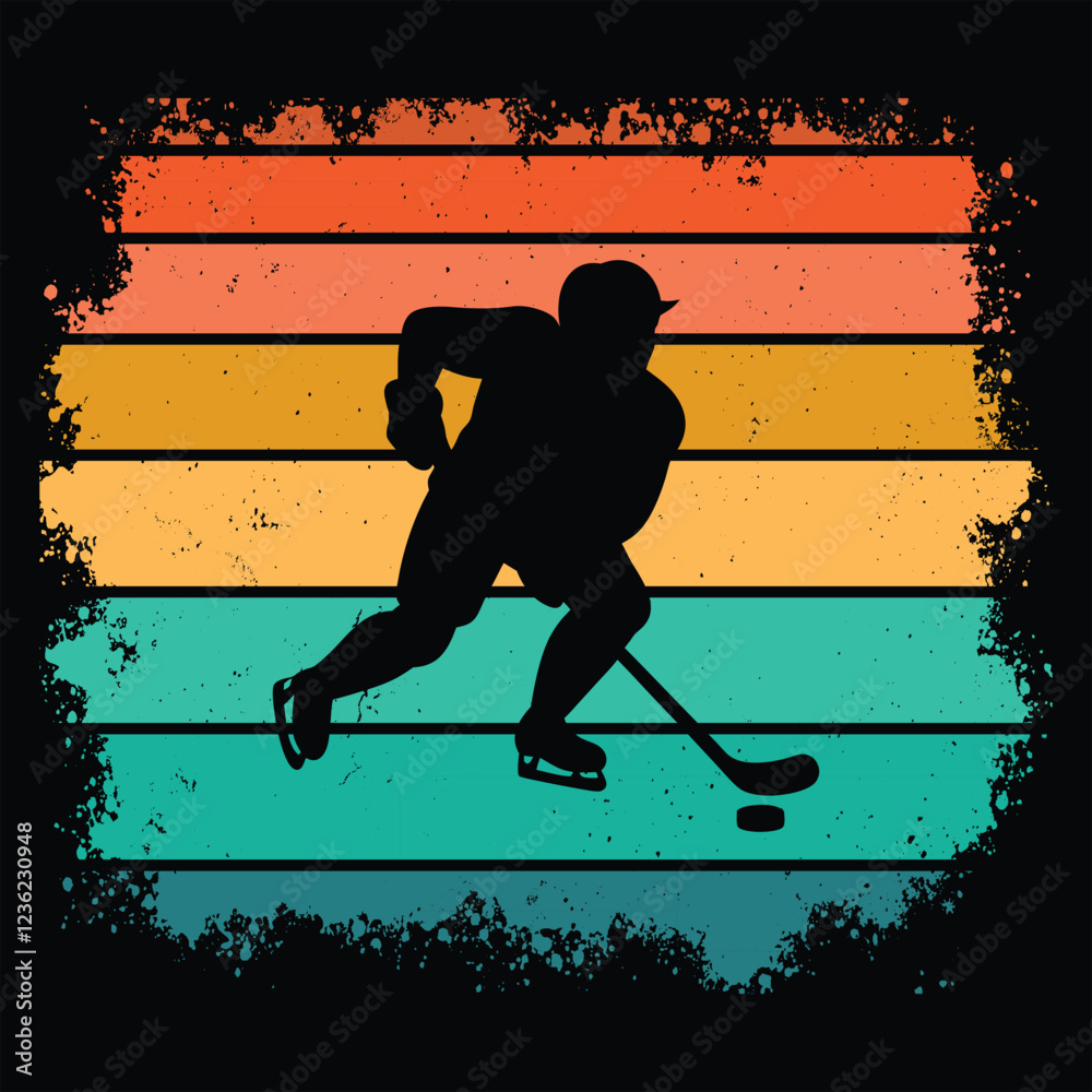 Obraz premium Hockey Sport Silhouette With sunset retro illustration Vector, Hockey vintage sunset retro background