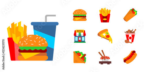Fast food icon set. Burger with fries and soda sign. Hot dog, pizza, and fried chicken symbol. Sandwich, wrap, and sushi pictogram. Takeaway meal shop illustration.