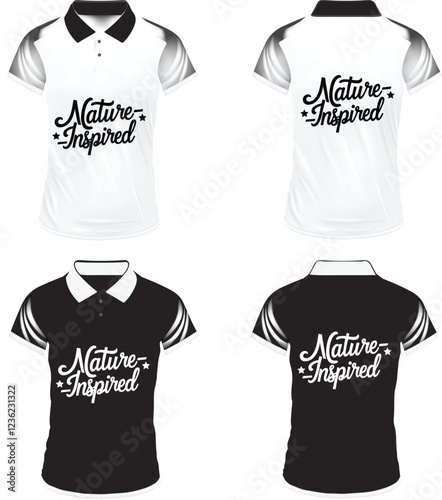 Men's t-shirt in different views with realistic style  and geometric retro traceries on shirts isolated related tags