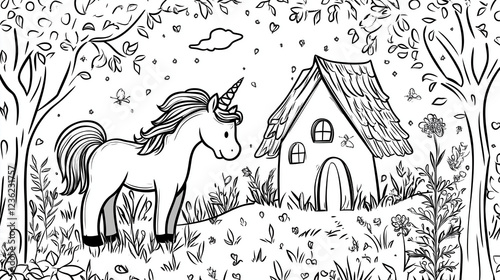 Unicorn coloring pages for kids: Playful unicorn standing near a whimsical house in a vibrant garden