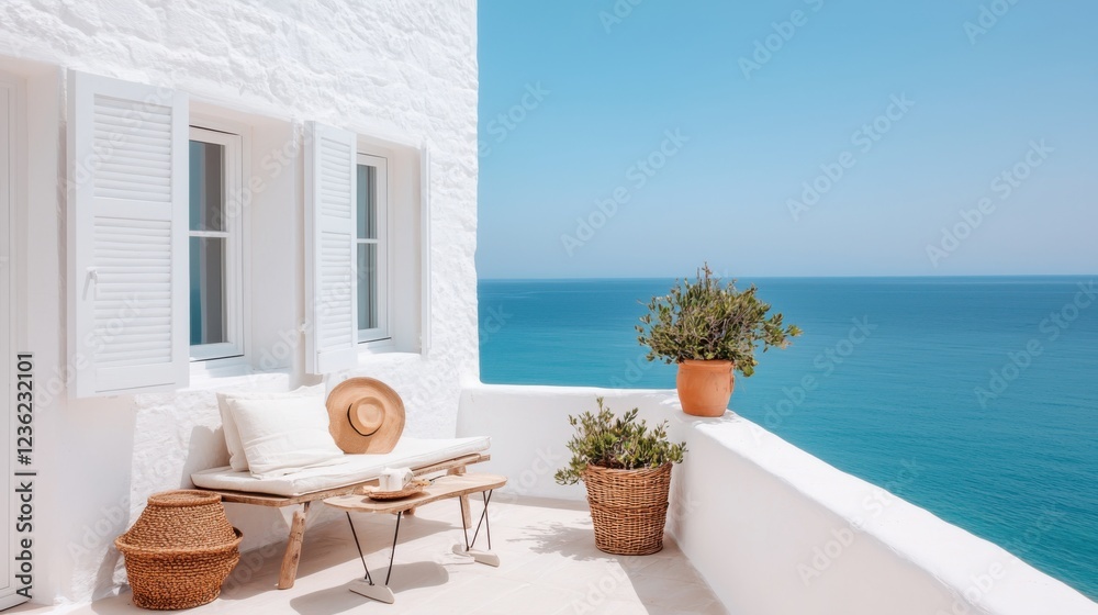Fototapeta premium Elegant Mediterranean style villa with an expansive balcony offering a breathtaking panoramic view of the tranquil blue sea and horizon The picturesque vacation home exudes a sense of luxury