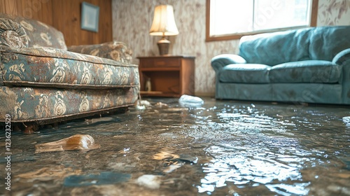 A basement flooding due to a burst pipe, with water rushing through the room, causing damage to furniture and flooring.