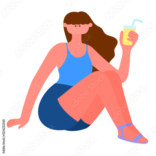 woman in summer outfit enjoying a refreshing drink, beach relaxation illustration