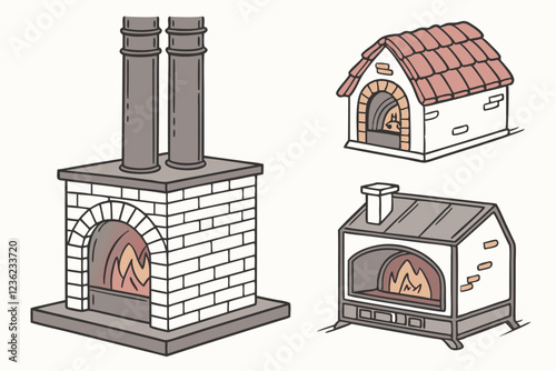 Cartoon fireplaces, cozy home heating, various fireplace designs, brick fireplace, modern stove, wood-burning stove, flames, embers, warmth, comfort, interior design elements, vector illustrations, fl
