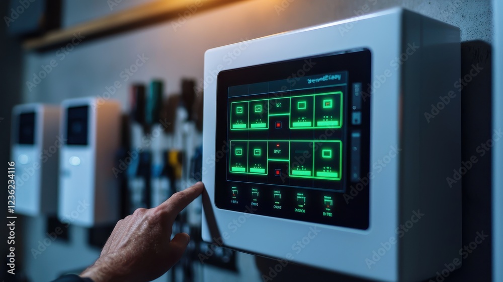 Fototapeta premium A close-up of a high-tech home battery backup system installed in a garage, with LED indicators glowing green, signaling a full charge. The perspective captures a homeowner s hand checking the