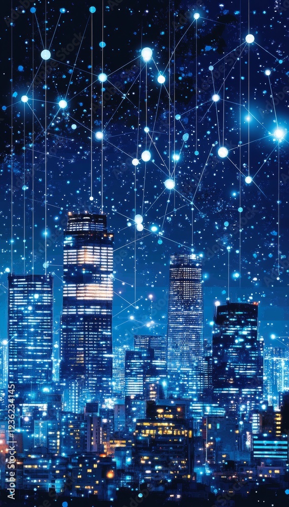 Dynamic Urban Landscape at Night with Network of Luminous Connection Points in Bright, Clean Style Dynamic Urban Landscape at Night with Network of Luminous Connection Points in Bright, Clean Style