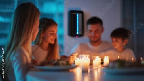A family enjoying dinner by candlelight during a power outage, with their home battery backup silently providing emergency power. The atmosphere is warm and inviting, with the soft flicker of candles