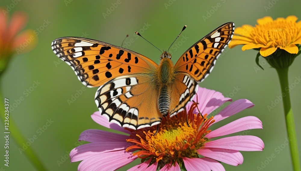 Obraz premium Close-up of the Vibrant Issoria Lathonia Butterfly Pollinating a Colorful Zinnia Flower in Summer Garden