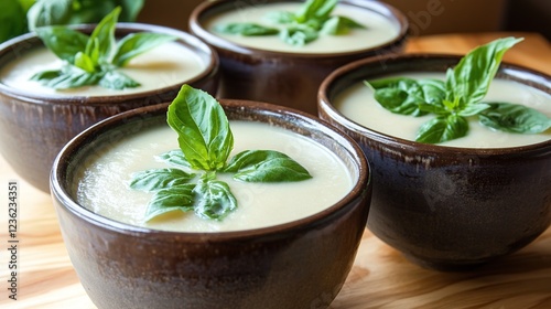 Creamy basil soup bowls kitchen table photo