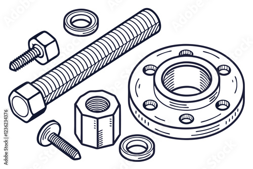 Metal machine parts, mechanical components, industrial hardware, stainless steel, bolts, nuts, screws, fittings, precision engineering, automotive parts, aerospace components, high-resolution detail, 