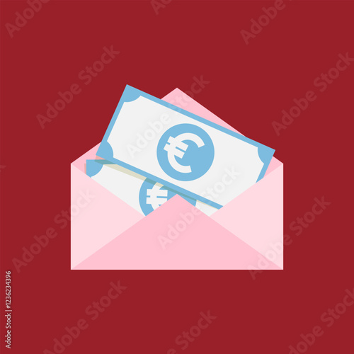 Open pink envelope with Euro banknotes. Vector illustration represents concepts of receiving money, financial transactions, or budgeting