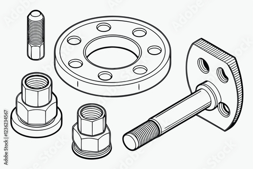 Metal machine parts, mechanical components, industrial hardware, stainless steel, bolts, nuts, screws, fittings, precision engineering, automotive parts, aerospace components, high-resolution detail, 