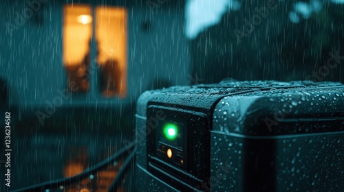 A close-up shot of a portable emergency generator actively supplying power to a home during a storm. Raindrops glisten on the metal casing, and an LED indicator glows green, signaling proper
