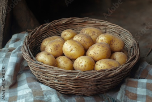 Wicker Basket Overflowing with Freshly Harvested Potatoes on Rustic Checkered Cloth