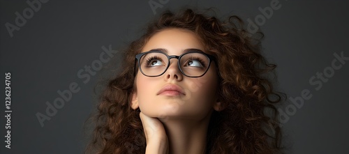 Young woman with glasses and curly hair, thinking in an editorial pose. grey background, 